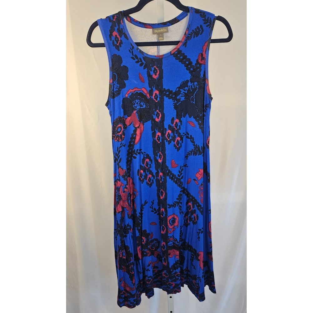 Style & Co Blue Floral Swing Dress Sleeveless Stretch Knit Boho Lagenlook Size S